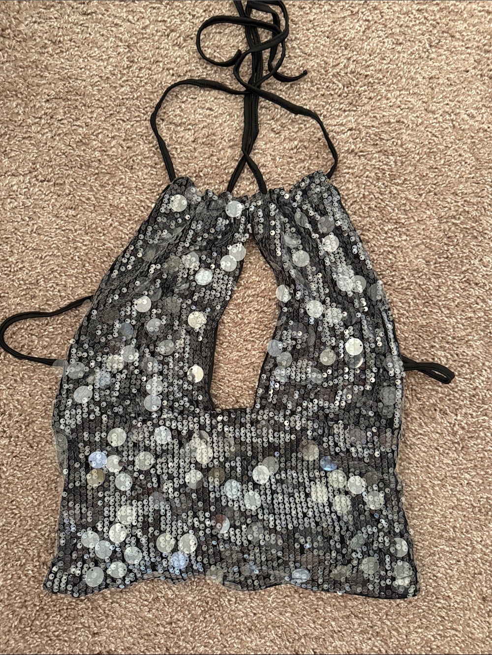 Black Silver Sequin Halter Crop Top
